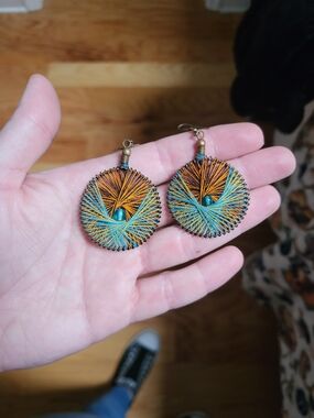 Handwoven Teal and Orange Round Thread Drop Earrings